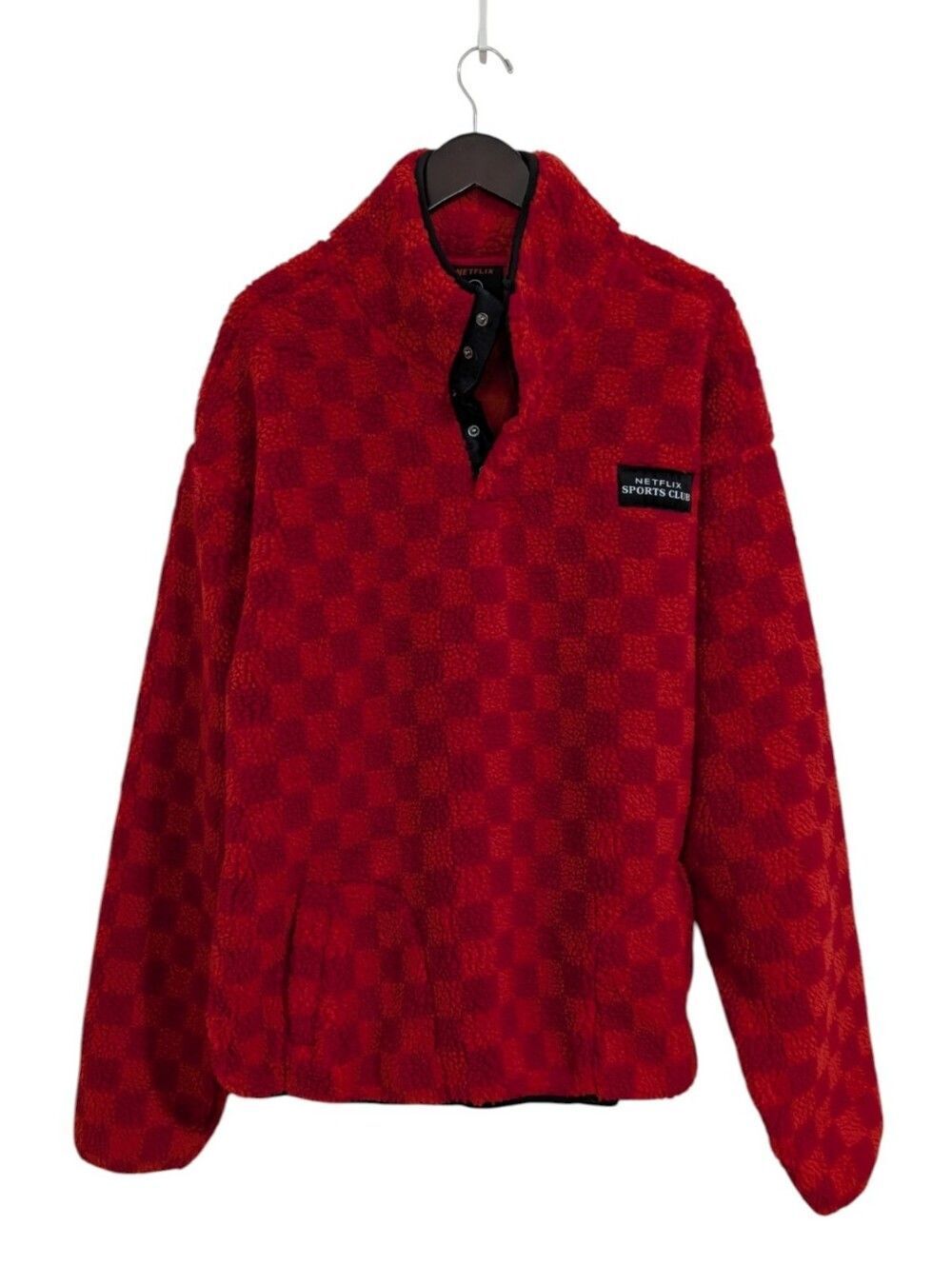 Netflix Sports Club Checkerboard Sherpa Fleece Pullover Red Unisex 2XL